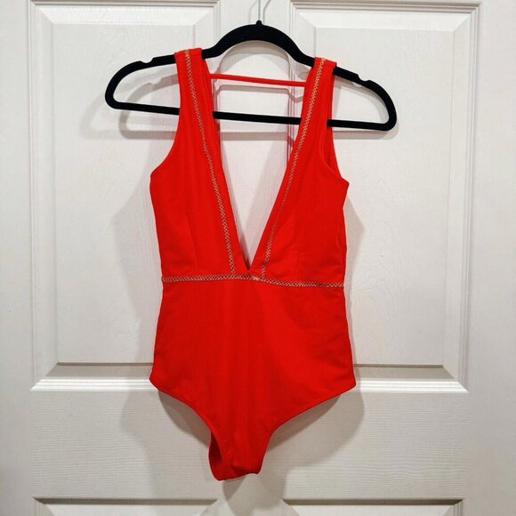 New Ellejay Swim wear Aubrey Red Orange Plunging V 1 Piece Bathing Suit Medium - Picture 1 of 10